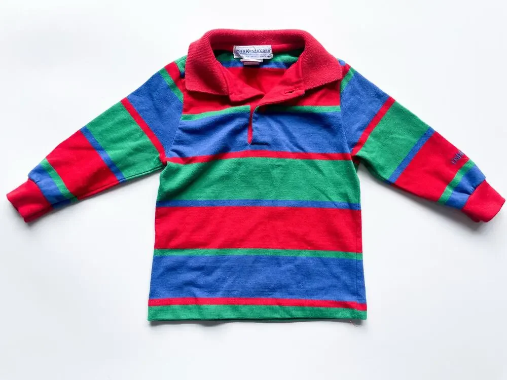Vintage Toddler Boy's OshKosh Colorful Striped Long Sleeve Polo Shirt Size 18 Mo